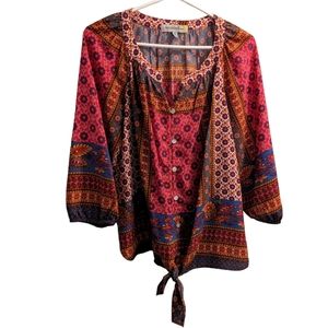 Anthropology Figueroa & Flower Floral Boho Front Tie Button Blouse PL